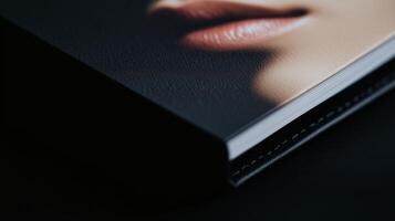 A close up of a woman's face on a book photo