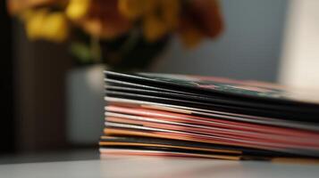 A stack of magazines on a table in front of a vase photo