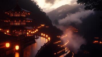 A pagoda in the mountains with lanterns on it photo