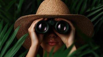 Woman in a hat looking through binoculars hidden in lush foliage photo