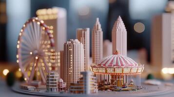 3d pixel art city with pastel pink towers in playful miniature scene photo