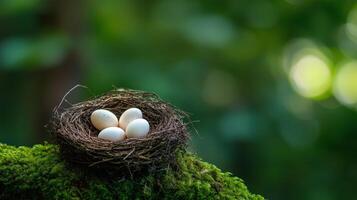 A beautiful bird's nest holding four eggs photo