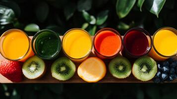 A variety of juices are arranged on a wooden tray photo