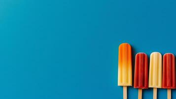 A line of popsicles stacked atop a blue background photo