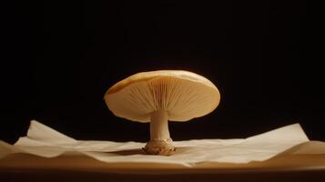 A mushroom atop wax paper on top of paper on a table photo