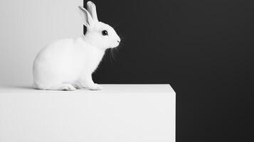 White rabbit sitting on a white box in front of a black and white background photo