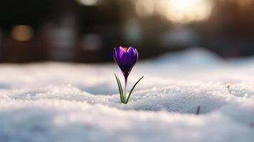 A small purple flower is growing in the snow photo