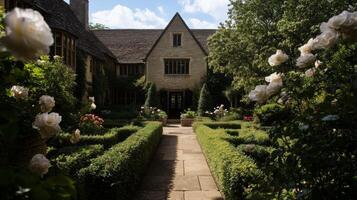 A traditional English manor with blooming roses photo