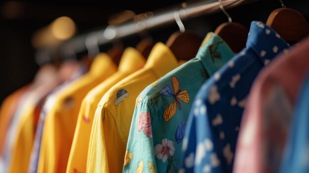 A vibrant display of colorful Easter shirts hanging neatly on a rack photo