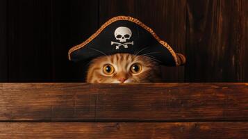 A cat wearing a pirate hat peeks out from behind a wooden wall photo