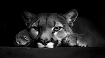 Black and white photo of a cougar lying down