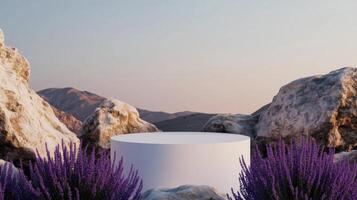 A white podium surrounded by purple rocks photo