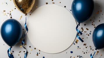 Blank circle with blue balloons, confetti photo