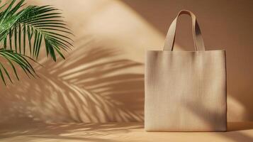 A beige tote bag on a tan background photo