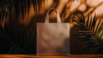 A brown canvas bag sitting on a table with palm leaves photo