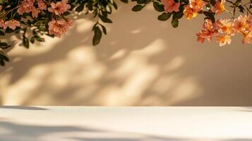 Blurred summer flower shadow backdrop on white table for product presentation photo