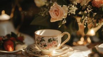 A tea cup and saucer on a table with roses photo