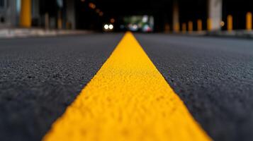 Bright yellow lines mark the asphalt road photo
