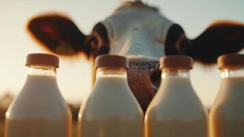 A cow is looking over a fence with milk bottles photo