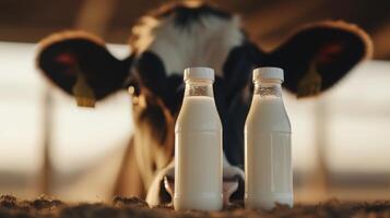 Two milk bottles are sitting next to a cow photo