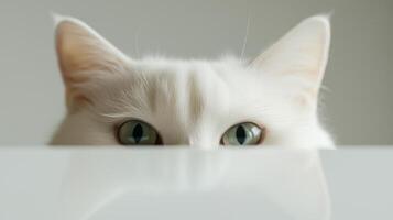A white cat peeking over a table photo