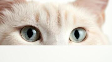 A white cat peeking out from behind a white wall photo