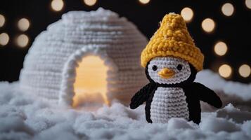 Cute penguin wearing a knitted hat photo