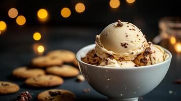 A bowl of ice cream with cookies and chocolate chips photo