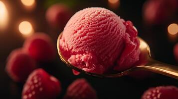 A scoop of ice cream with raspberries on a black background photo
