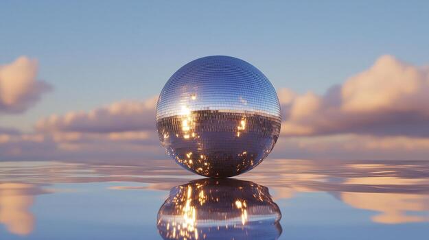 A shiny ball sitting on top of water with clouds in the background photo