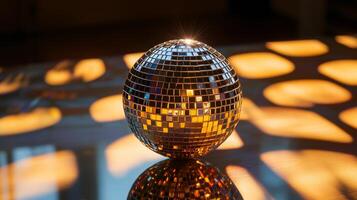 A disco ball sitting on a table with a reflection of the sun photo