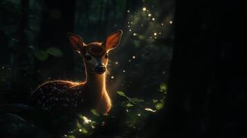 A deer is standing in the woods with sunlight shining on it photo