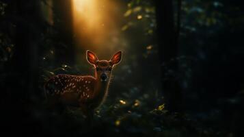 A deer is standing in the woods with the sun shining photo