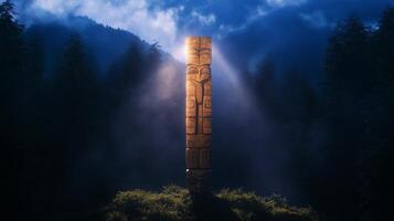 A totem pole in the middle of a forest photo