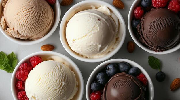 Five different types of ice cream in bowls photo