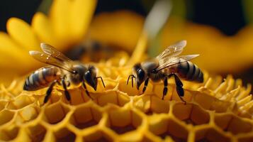 Honeybees on yellow honeycomb background photo