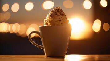 A cup of ice cream with a sunset in the background photo