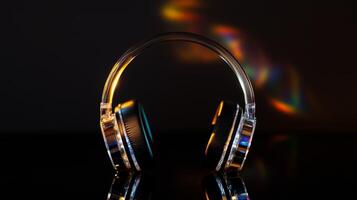 A pair of headphones with rainbow reflections on the surface photo
