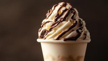 A cup of ice cream with chocolate and whipped cream photo