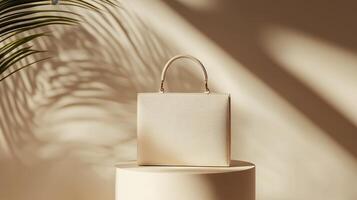 A white bag sitting on a pedestal next to a palm tree photo