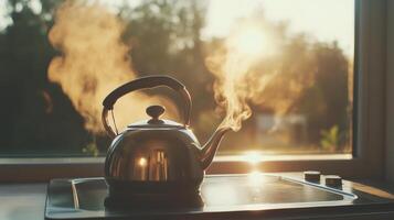Morning sunlight illuminating steaming kettle photo