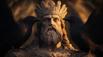 A statue of a man with a crown and two crows photo