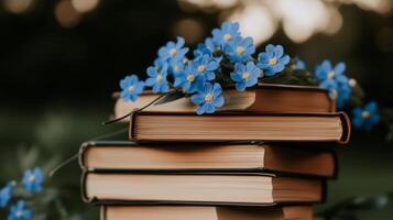 A stack of books with blue flowers photo