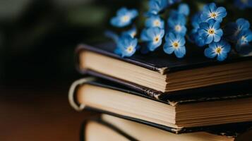 A stack of old books with blue flowers photo