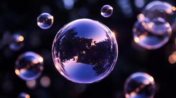 A purple bubble with a reflection of the sky photo