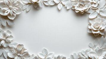 White paper flowers arranged in a circle on a white background photo