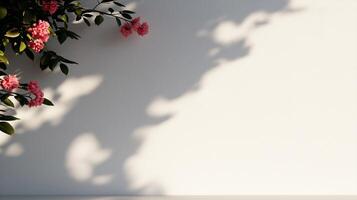 A white wall with pink flowers and shadow photo