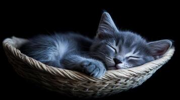 A gray kitten sleeping in a basket on a black background photo