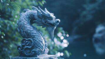 A statue of a dragon sitting on a stone ledge photo