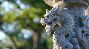 A stone dragon statue is shown in front of a tree photo